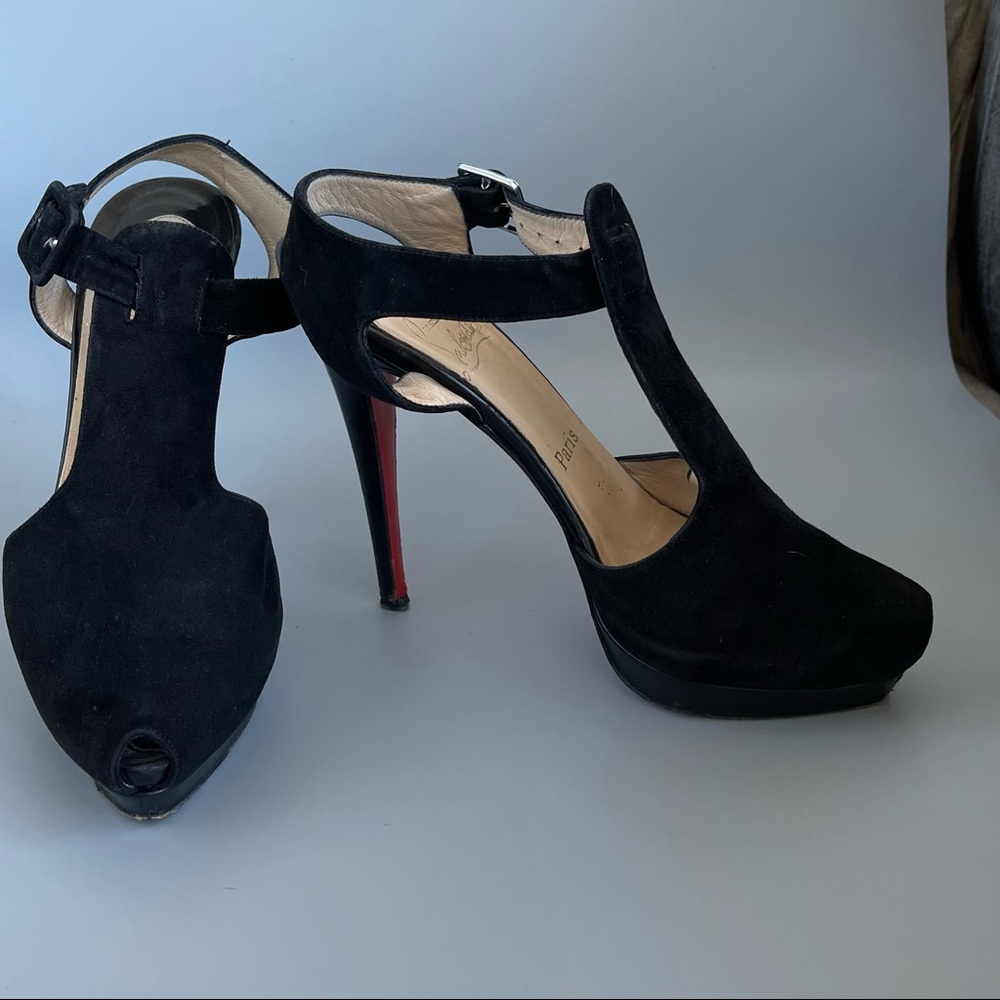 Black suede “red bottoms” 5 inch high heel with platform.